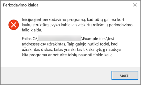 Tai klaidos pranešimas, kurį gausite, jei jūsų .csv faile yra blogai suformatuoti duomenys.