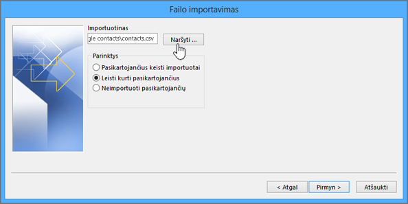 Browse to the contacts csv file and choose how to handle duplicate contacts
