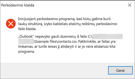 Tai klaidos pranešimas, kurį gausite, kai .csv failas bus tuščias.