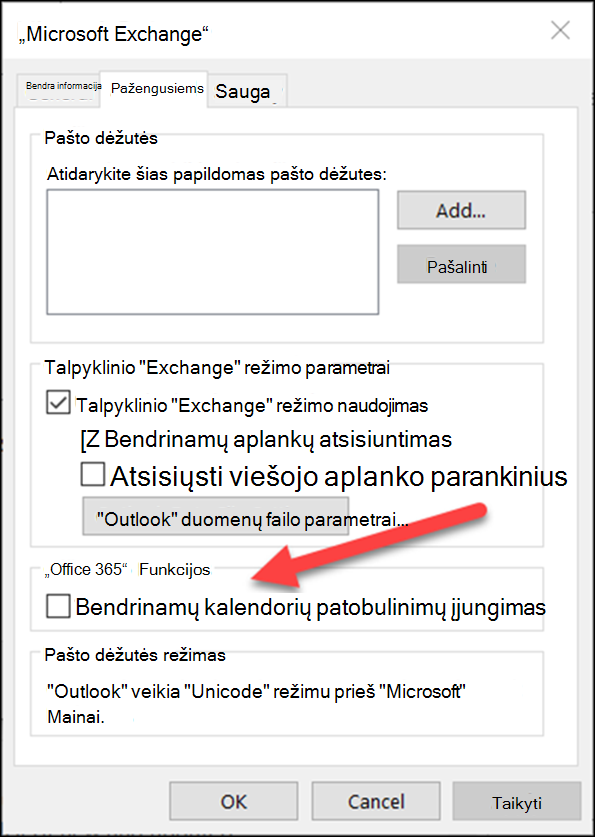 Bendrinamų kalendorių patobulinimus galite įjungti žymės langeliu.