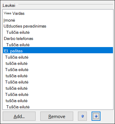 Elektroninėje vizitinėje kortelėje galite perkelti laukus.