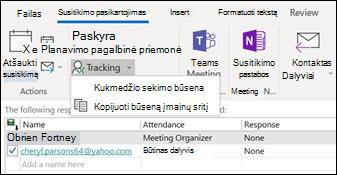 Galite išspausdinti susitikimo dalyvių sąrašą ir jų atsakymo būseną.