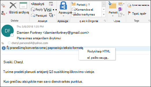 Spustelėkite informacijos juostą, kad būtų rodomas kaip HTML.