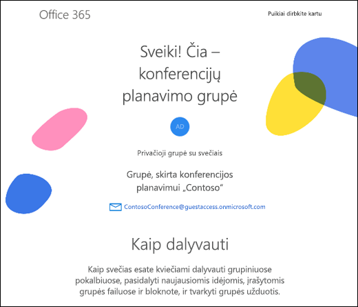 Grupės svečiams skirto pasveikinimo pranešimo vaizdas
