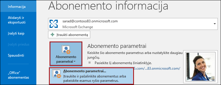 Paskyros parametrai programoje „Outlook“