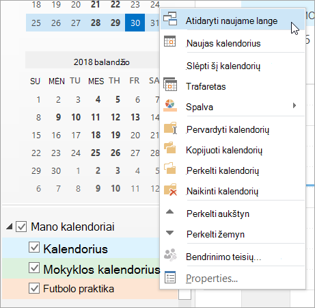 Dešiniuoju pelės mygtuku iškviečiamame meniu spustelėkite Atidaryti naujame lange