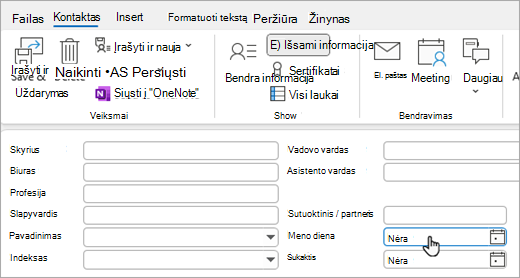 Kontakto kortelės rodinio Išsamiau ekrano nuotrauka, įtraukianti gimtadienį arba sukaktis