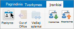 Įrankių meniu rodomas mygtukas Paskyros