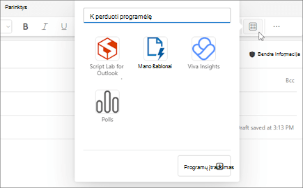 Taikomųjų programų iškeliamasis meniu iš laiško, kuriamo internetinėje „Outlook“ ir naujojoje 