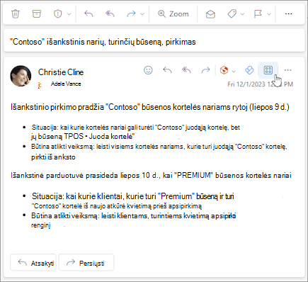 Programų piktograma laiško veiksmų juostoje internetinėje „Outlook“ ir naujojoje 