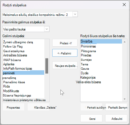 Stulpelių peržiūros parametrai programoje 