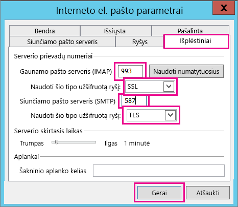 Įveskite išplėstinius el. pašto parametrus.