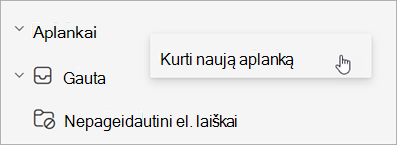 Ekrano kopija, kurioje matyti aplankų srities meniu Daugiau parinkčių pasirinkta Kurti naują aplanką