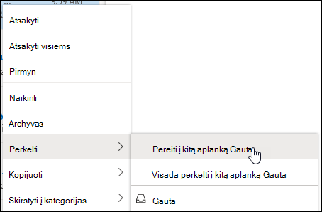 Ekrano nuotrauka rodo dešiniuoju pelės mygtuku atidaromą meniu su parinktimis Perkelti į aplanką Kiti gauta ir Visada perkelti į kitus gautuosius.