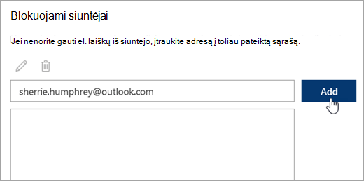 Blokuojamų siuntėjų lango ekrano nuotrauka