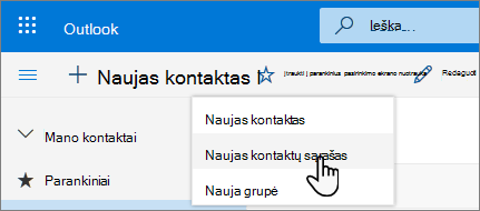 Meniu Naujas kontaktas su pažymėta parinktimi Naujas kontaktas ekrano nuotrauka