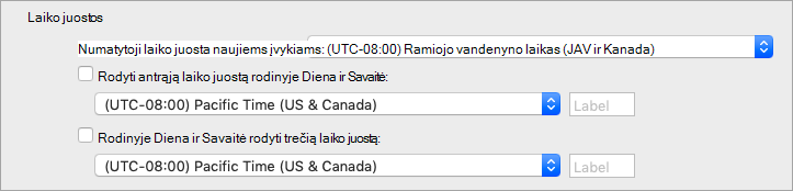 Rodo antrą ir trečią laiko juostas Calendar Preferences