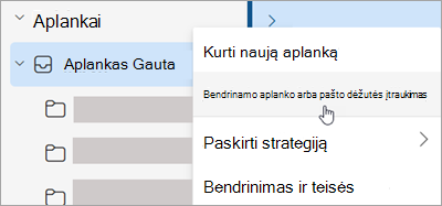 Ekrano kopija, kurioje matomas pasirinkimas Įtraukti bendrinamą aplanką arba pašto dėžutę