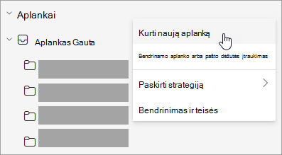 Ekrano kopija, kurioje matyti aplankų srities meniu Daugiau parinkčių pasirinkta Kurti naują aplanką
