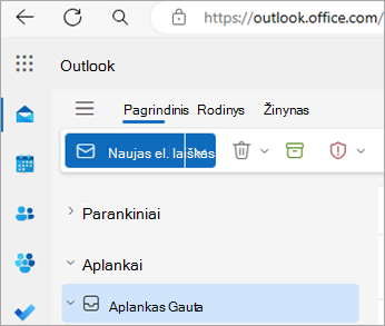 Ekrano kopija, kurioje matomas internetinė „Outlook“ pagrindinis puslapis