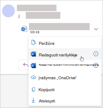 Ekrano kopija, kurioje rodomas priedo išplečiamasis sąrašas su pasirinkta parinktimi Redaguoti naršyklėje
