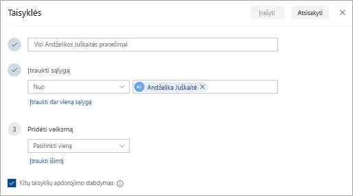 Ekrano nuotrauka, kurioje taisyklių parametrų puslapis
