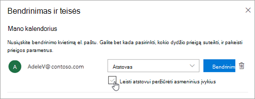 Žymės langelio Leisti atstovui peržiūrėti asmeninius įvykius ekrano kopija