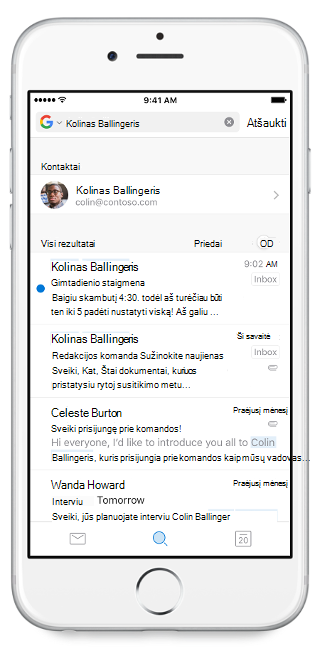 Rodomas mobiliojo įrenginio ekranas su viršuje esančia ieškos juosta ir joje įvestu pavadinimu. Ieškos rezultatai pateikiami po ieškos juosta.