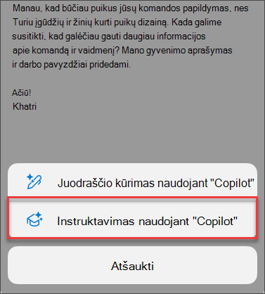 Instruktavimo naudojant „Copilot“ meniu parinktis programoje „Outlook“, skirtoje mobiliesiems įrenginiams