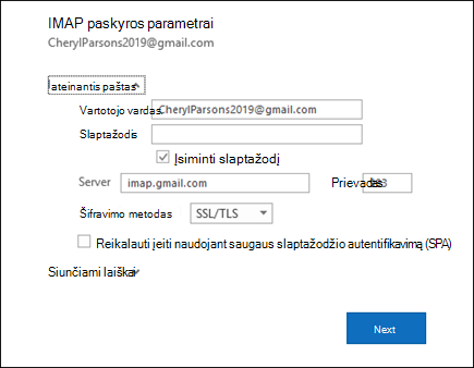 Pasirinkite Serverio parametrai, kad pakeistumėte savo vartotojo vardą, slaptažodį ir serverio parametrus.