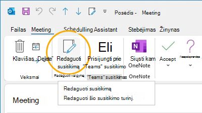 Susitikimo redagavimo mygtukas Customize ribbon in Outlook