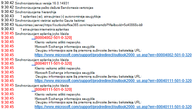 List of error in Outlook log