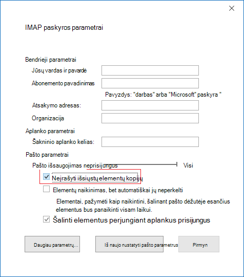IMAP paskyros parametrai, neišsaugoti išsiųstų elementų kopijų