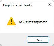 Netinkamo slaptažodžio klaidos ekrano kopija