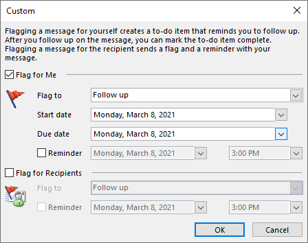 Outlook pasirinktinės vėliavėlės nustatymo langas