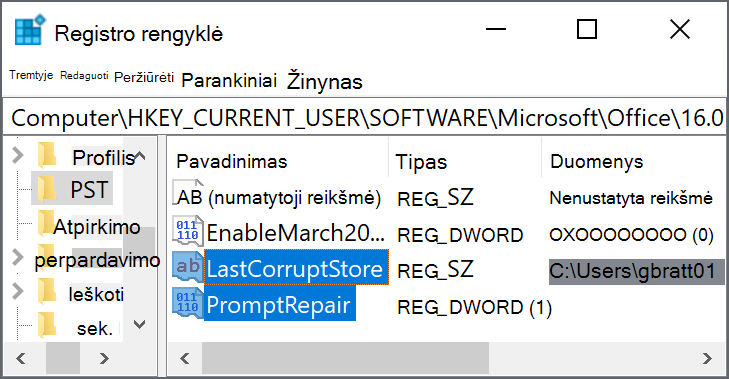 Registro parametrai, skirti panaikinti LastCorruptStore PromptRepair=dword:00000001