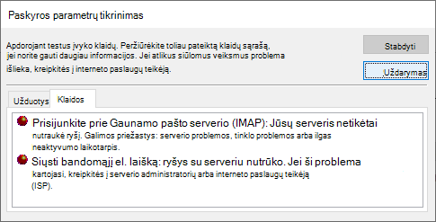 Lango Paskyros parametrų tikrinimas ekrano nuotrauka Skirtukas Klaidos – IMAP