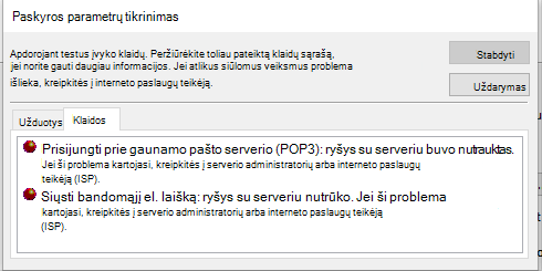Lango Paskyros parametrų tikrinimas ekrano nuotrauka Skirtukas Klaidos – POP3