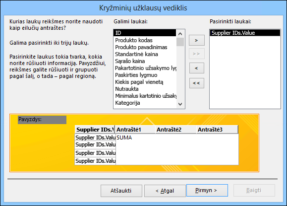 Kryžminių užklausų vediklis su pasirinkta eilučių antraščių Supplier ID.Value