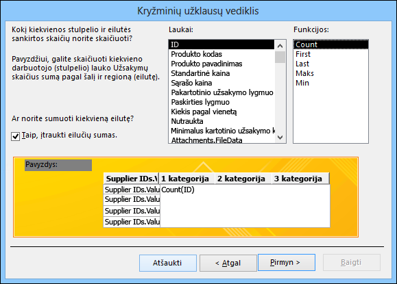 Pasirinkite lauką ir funkciją, kad būtų skaičiuojama kryžminės užklausos vediklyje.