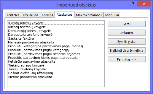 Dialogo langas Importuoti objektus „Access“ duomenų bazėje