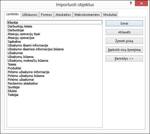 Pažymėkite norimus importuoti objektus dialogo lange Objektų importavimas
