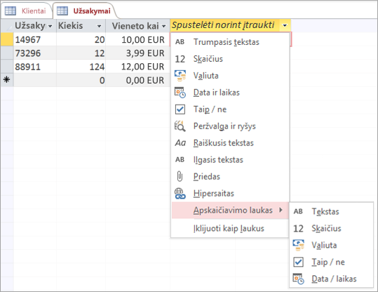 Naujo lauko, kurio duomenų tipas yra Apskaičiuotasis laukas, įtraukimas