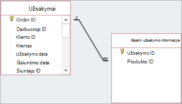 Ryšiai rodomi linijomis, nubrėžtomis tarp pirminių ir antrinių laukų.
