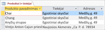 Produktų ir tiekėjų duomenų ekrano fragmentas