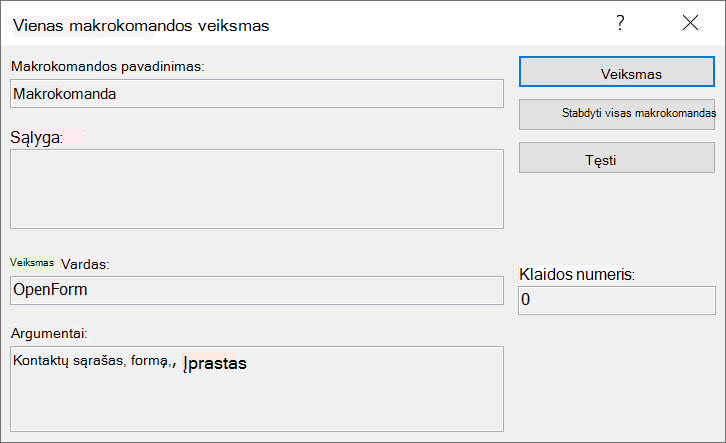 Dialogo langas Vienas makrokomandos veiksmas