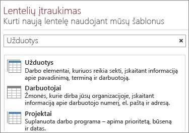 Lentelės šablono ieškos laukas „Access“ darbo pradžios ekrane.