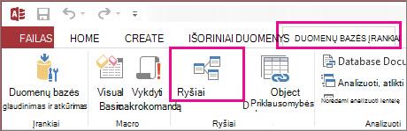 Mygtukas Ryšiai skirtuke Duomenų bazės įrankiai