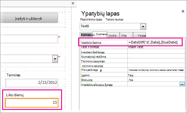 Funkcijos „DateDiff“ įvedimas į teksto laukelio ypatybę Valdiklio šaltinis.