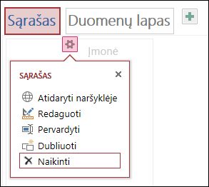 Sąrašo rodinio parametrų meniu su paryškinta parinktimi Naikinti